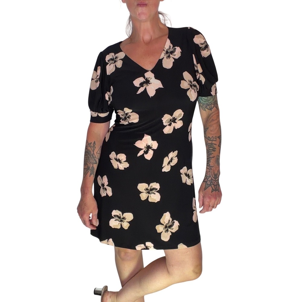Tommy Hilfiger Floral Puff Sleeve V-Neck Dress Black Pink Cottagecore Sz 10